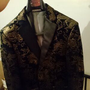 Vinci Philosophy Gold Black Floral tuxedo suit jacket blazer size M (36-44)